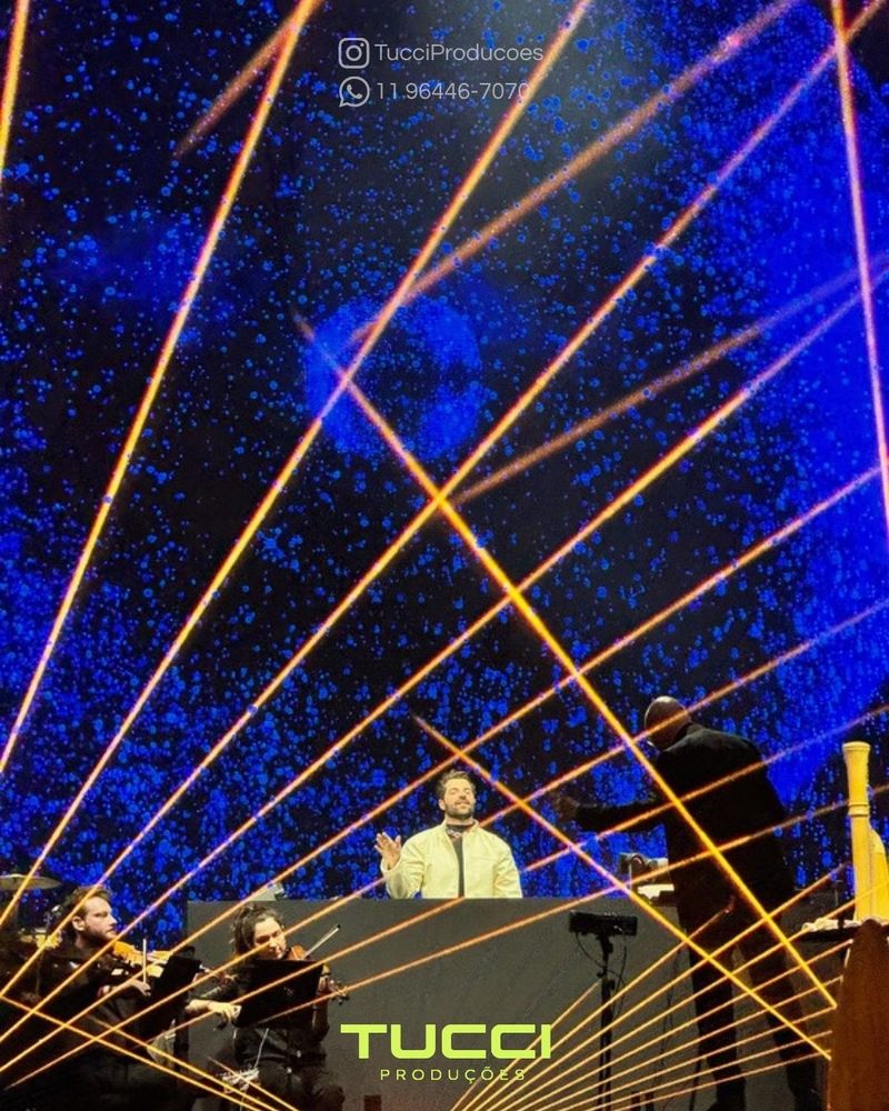 Iluminação para eventos em São Paulo: feixes de luz cruzando o palco durante apresentação
