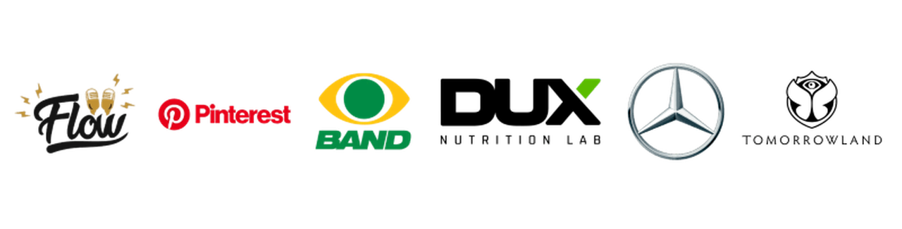 Clientes atendidos pela Tucci Produções: Flow, Pinterest, Band, DUX Nutrition Lab, Mercedes-Benz e Tomorrowland